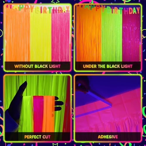 Image of Mega-L Glow in The Dark Party Supplies, 3 Pack Neon Party Backdrop | 9.9 x 6.6 ft Fluorescent Tinsel Foil Fringe Curtains, Neon Backdrop Streamer for Birthday, Wedding, Graduation Party Supplies