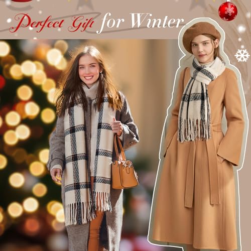 Trifabricy Winter Scarfs for Women, Fashion Soft Tassel Plaid Scarf, Long Blanket Scarf, Winter/Fall Oversized Shawls and Wraps - white A