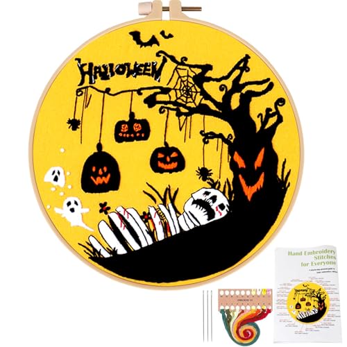 Image of Topapfo Halloween Embroidery Kit with Tutorial, Beginners Adults Embroidery Pattern with Instruction Hoop Threads Needles