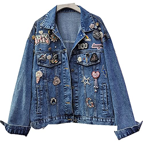 FLLLYQ Jeansjacke für Damen - Lustige Collage Jeansjacke, modische Hip-Hop...