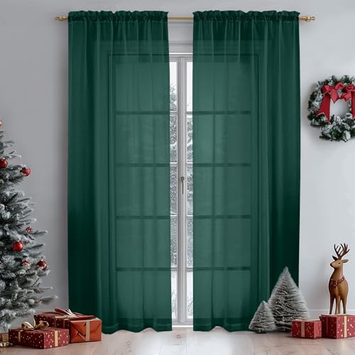 Image of OWENIE Green Sheer Curtains 72 Inches Long 2 Panels Set for Christmas Decoration, Light Filtering Sheer Curtain Rod Pocket Clear Drapes for Living Room Bedroom Window Sliding Door, Each 42 x 72 Inch