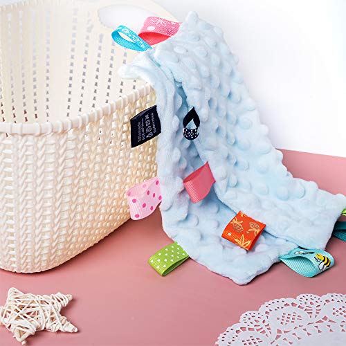 Image of Baby Tags Security Blankets - Baby Soothing Plush Blanket with Colorful Tags, 10 inchx10 inch Square Sensory Toys, Lovey for 3 Months+ Babies Boys and Girls (Blue)