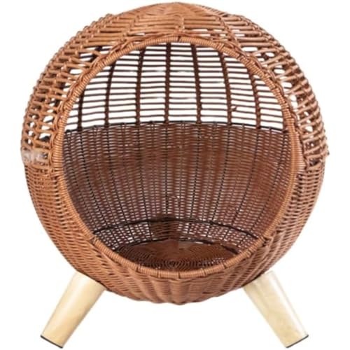 猫用ハウス兼ペットベッド 籐製夏用 取り外し可能木製脚 3 本付き 通気性・快適設計 洗えるマット + クールマット + ボール同梱 屋内屋外両用 かわいいおしゃれスタイル (取り外し可能な3本の木製脚付き猫用ベッド + マット + クールマット + ボー