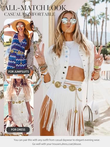 Image of FIORETTO Western Waist Chain Belt Metal Concho Belt for Women Cowgirl Cowboy Boho Country Belt for Dress Jean