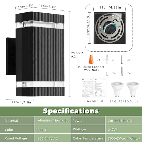 Image of JYV Dusk to Dawn Square Outdoor Wall Lights, Up and Down Porch Lights,Black | Aluminum Exterior Lighting Fixtures with 2 * 7W Bulbs 3000K, Waterproof Outdoor Sconces Wall Lighting, for House Porch Garage
