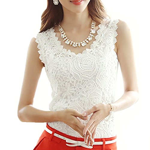 Women Lace Floral Sleeveless Crochet Knit Vest Tank Top Shirt Blouse S M L Xl XXL (S, White)