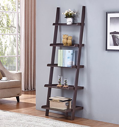 Espresso Finish 5 Tier Bookcase Shelf Ladder Leaning - 72