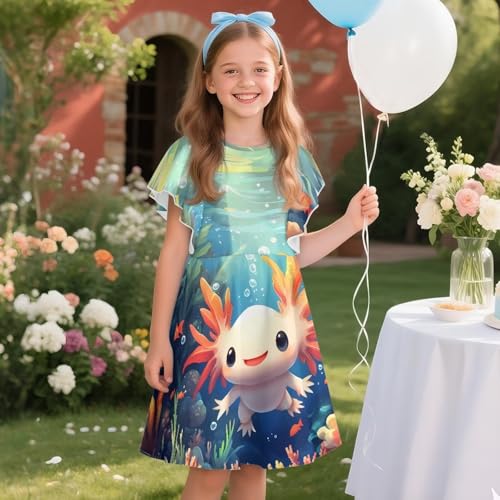 Girls Midi Dress Summer Ruffle Hem Short Sleeve A Line Swing Sundress for Daily Trip School 3-14Y3