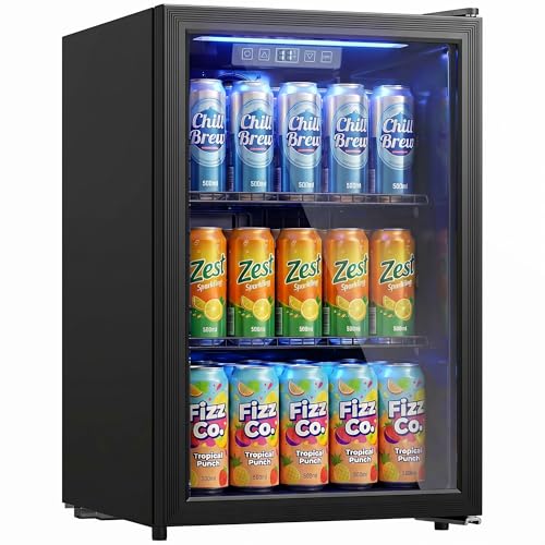 HOMCOM Réfrigérateur à Boissons 70L et 70 Canettes, Petit Frigo Silencieux en Pose Libre, Porte en Verre Trempé Double, Étagères Réglables, Éclairage...