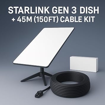 STARLINK GEN 3 Dish Region Free + 150FT Cable Included - 3rd Gen Antenna with Wi-Fi Router High-Speed Internet for RVs, Camping, Travel, Remote Work, and Off-Grid Use, Internet Kit