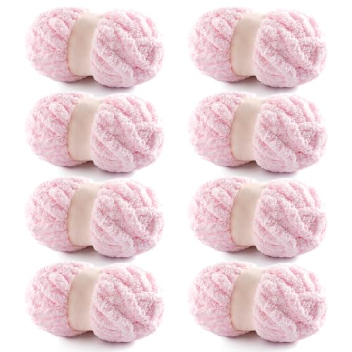 8 Pack Chunky Yarn for Hand Knitting - Chunky Chenille Blanket Yarn for Crocheting - Jumbo Fluffy Yarn for Crochet - Super Bulky Yarn 25 yds 7.7 oz Each Skein (Light Pink)