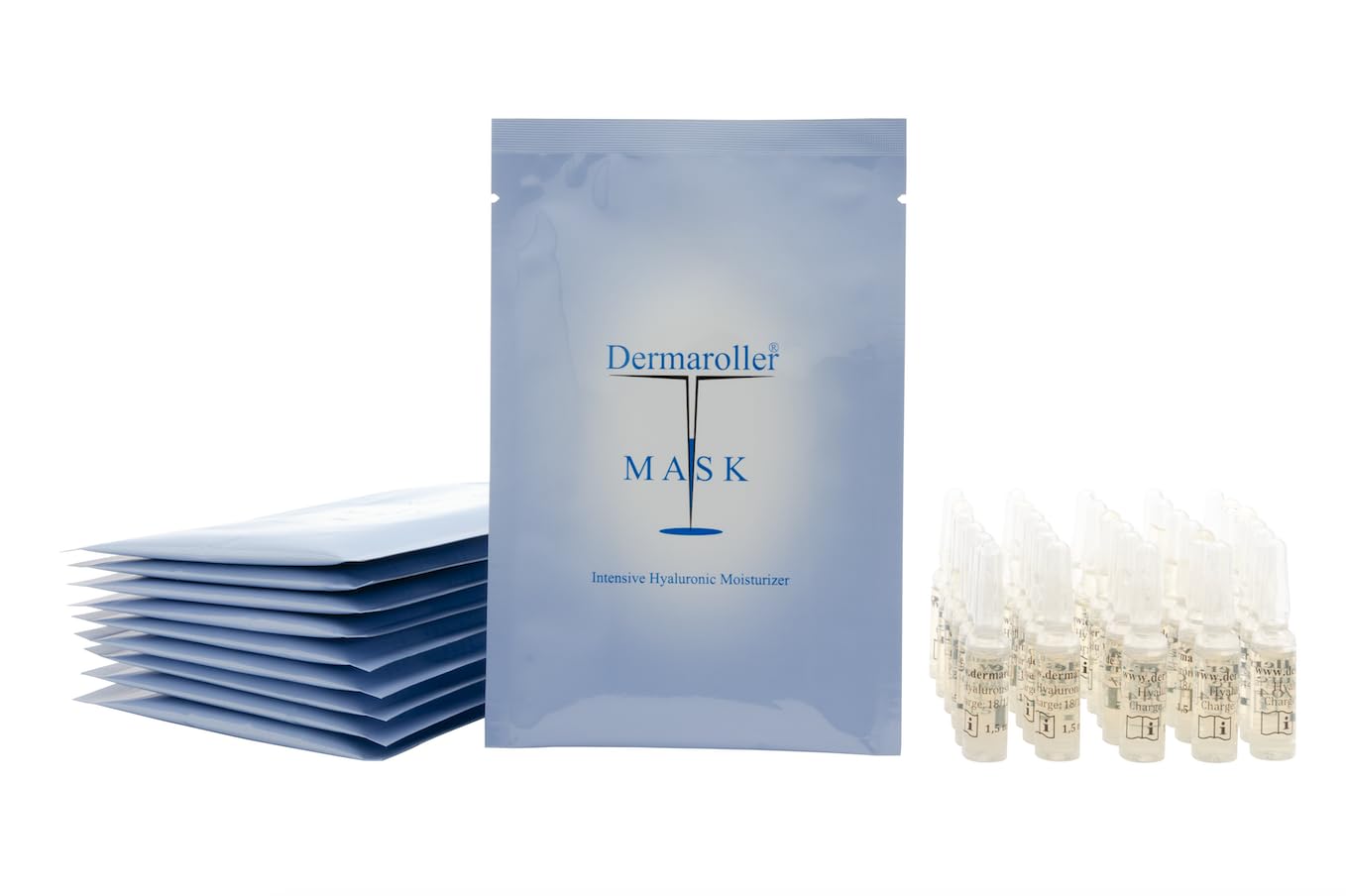 Dermaroller Set de cuidado facial con ampollas de ácido hialurónico (30 x 1,5 ml) + mascarillas faciales de ácido hialurónico (10 unidades)