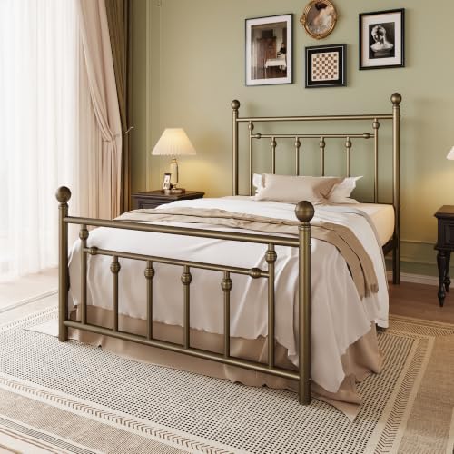 Image of SHA CERLIN 45 inch Twin Size Metal Bed Frame, Vintage Headboard, Antique Bronze