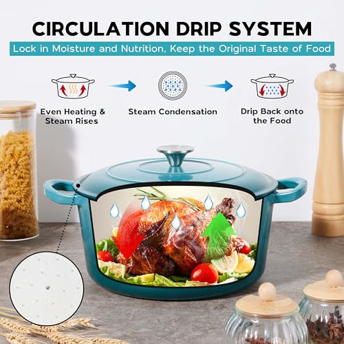 Onader Small Dutch Oven Pot with Lid, 3 Quart Round Enameled Dutch Oven for Bread Baking, Heavy Duty Cast Iron Cookware - Dark Cyan