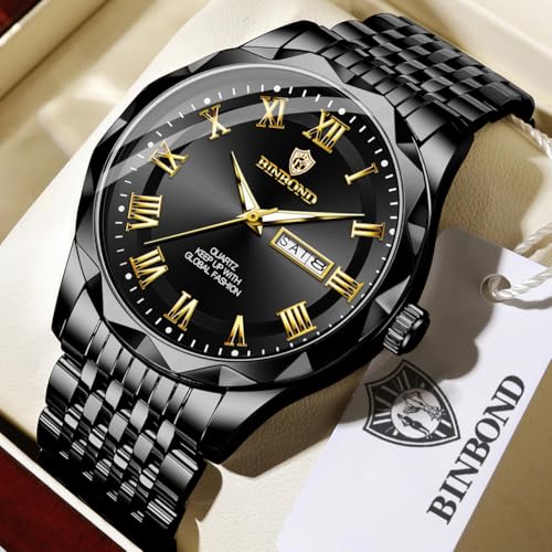 Image of BINBOND Men's Watch Luxury Business Dress Analog Quartz Stainless Steel Casual Date Wrist Watches for Men Easy Read Roman Numeral Large Dial Waterproof Luminous
