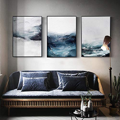 Cuadros modernos de salón en tonos azul mar con tres lienzos abstractos de 50x70 cm