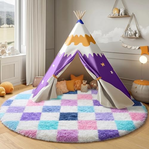 Image of KICMOR Purple Rainbow Round Rugs 5ft for Bedroom Living Room, Cute Fluffy Soft Circle Area Rug Fuzzy Shag Shaggy Carpet, Circular Checkered Rug for Teen Kids Girls Boys Nursery Home Decor Aesthetic