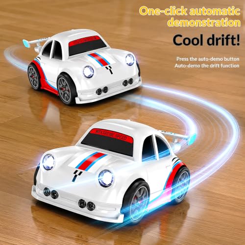 Image of VGRASSP 2.4GHz Rechargeable Mini RC Drift Stunt Car Toy for Kids with LED Headlights and Sound Effects - Interactive Remote Control Racing Car with Follow Me and Escape Mode - White