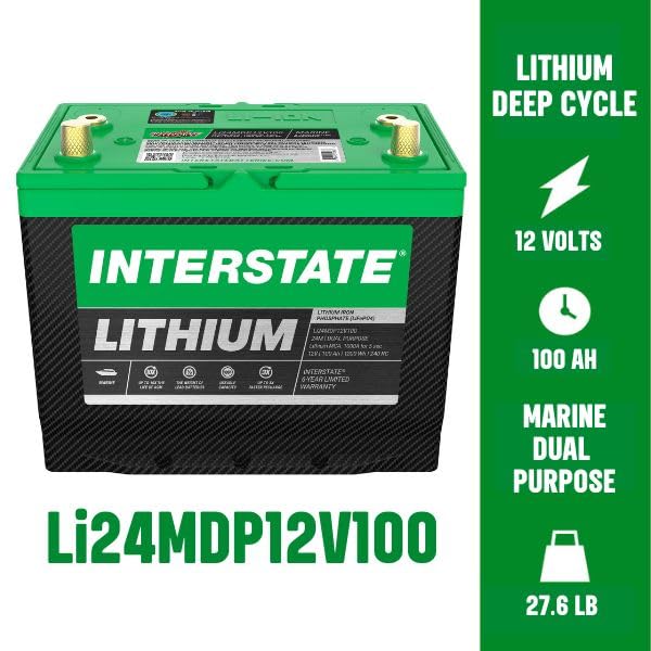 Image of Interstate Batteries 12V 100Ah LiFePO4 Dual Purpose Marine Battery, Grp 24M