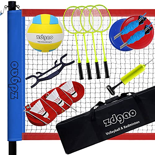 Portable Volleyball&Badminton Net Set - Completed Volleyball&Badminton Outdoor Net System Coming with 2 pcs Flying Disc for Backyard, Beach, Included Volleyball Ball, Boundary Lines, Carrying Bag