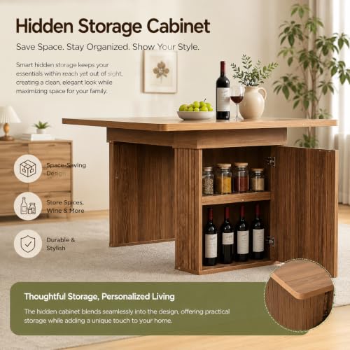Image of Extendable Dining Table with Hidden Butterfly Leaf & Fluted Storage Legs | 63 inch-78.74 inch Wooden Expandable Table, Modern Farmhouse, Seats 4-8 People, Space Saving for Apartment Kitchen Living Room, Brown