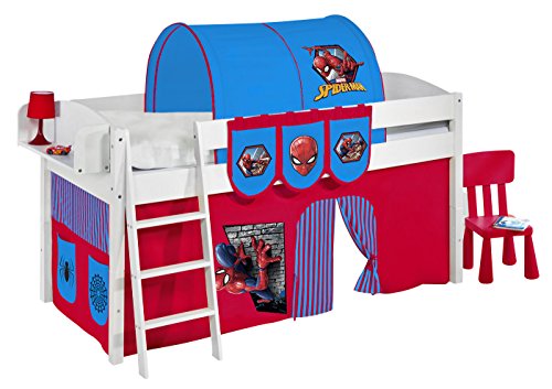 Lilokids Lit Mezzanine IDA 4105 Spiderman - Système de lit évolutif Convertible Blanc - avec Rideau