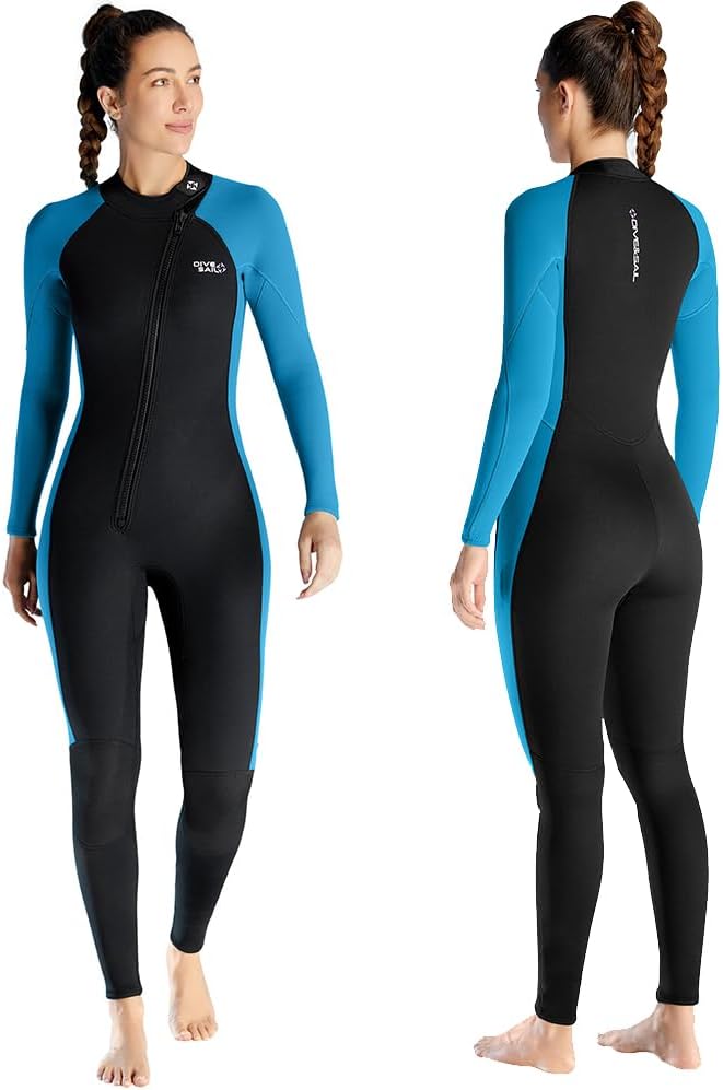 Skyone Wetsuits for Men Women, 3MM Neoprene Wetsuit Full Body Wet Suit in Cold Water, Scuba Diving Suit Long Sleeves Front Zip Warm Swimsuit for Swimming Surfing Snorkeling XX-Large Women Blue
