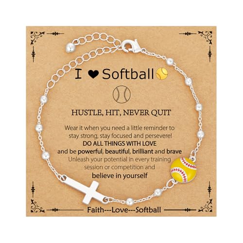 VULETO Softball Bracelet Gifts for Girls Women Cross Link Chain Sport Accessories Birthday Christmas Christian Jewelry Gifts for Teen Girls 8-12 Team Coach Softball Lover Player Silver