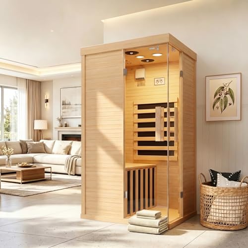 Breezestival Wood Infrared Sauna for Home, Infdoor Home Sauna with Red Light, 1 Person Infrared Sauna, Chromotherapy Light, Hemlock, Low EMF Far Infrared, Blutooth Speakers, 33.4'' x 33.4'' x 70''