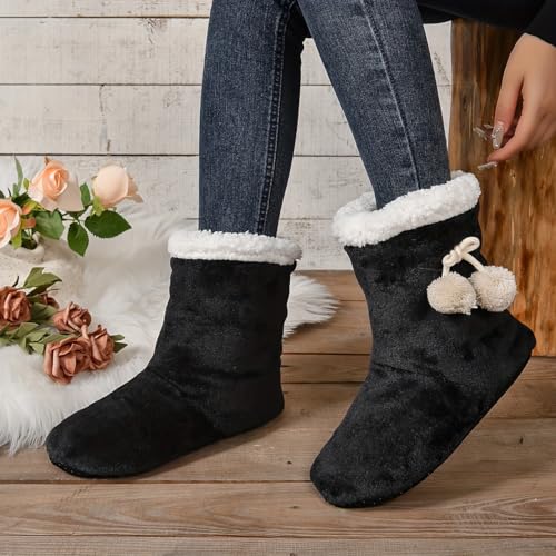 PENINSULA LOVE Women Soft Fleece Boot Slippers Fuzzy Warm Indoor House Slippers Plush Lining Non-slip Bootie with Pom Poms4