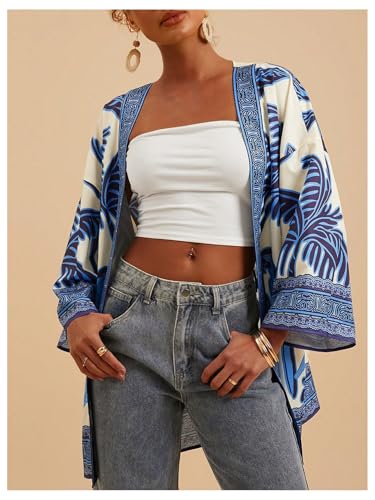 Floerns Women's Tropical Print Kimono Cover Up Open Front Long Sleeve Blouse Top3