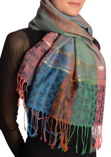 Lisskiss Paisley Stripes On Grey With Gold Lurex Pashmina Feel With Tassels - Scarf #TOP6