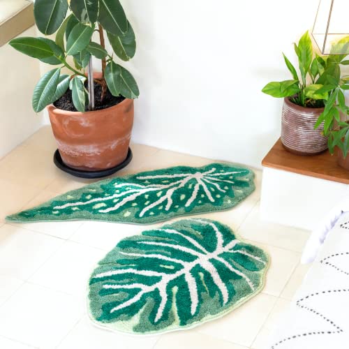 Frecklepot Monstera Non Slip Bath Mat Or Kitchen Tufted Rug, Plant Leaf Shaped Kids Pets Floor Mat Carpet, Green, 31.5" X 23.6" #TOP1