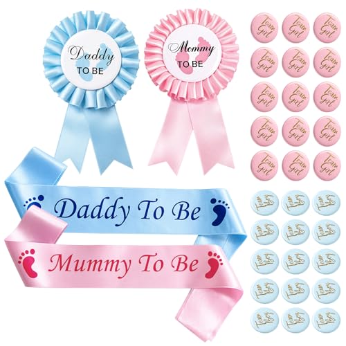 34-Piece Collection with Parent-to-Be Badges and Team Identification Pins Gender Reveal Pins Set for Party Decorations Plastic Material with Colorful Designs