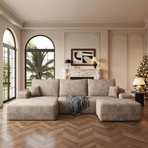 Image of Boneless Couch, Modular Sectional Couches for Living Room, U-Shaped Cloud Couch Sofa with Deep Seat, Fluffy Corduroy Upholstered Corner Sofa