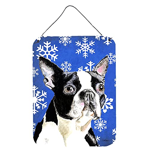 Caroline's Treasures SC9360DS1216 Boston Terrier Winter Snowflakes Holiday Wall or Door Hanging Prints Aluminum Metal Sign Kitchen Wall Bar Bathroom Plaque Home Decor Front Door Plaque, 12x16, Multico