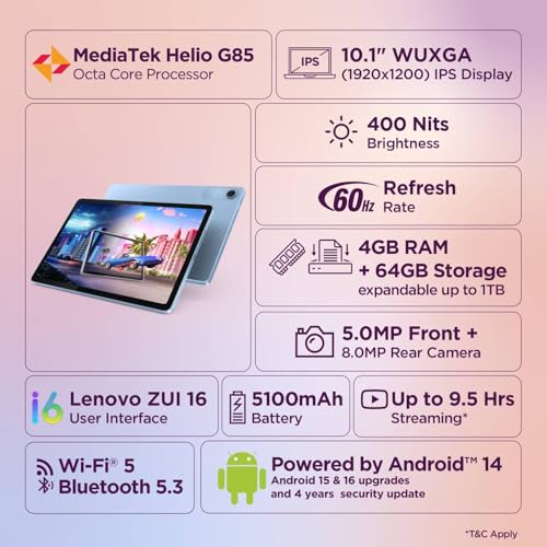Image of Lenovo Tab| 10.1 Inch Display| Wi-Fi Only| 4 GB RAM + 64 GB ROM (Expandable up to 1 TB)| Metal Body| Dual Speakers with Dolby Atmos| Android 14| Color: Polar Blue