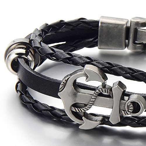 Pulsera de cuero trenzado ancla negro COOLSTEELANDBEYOND miniatura 3