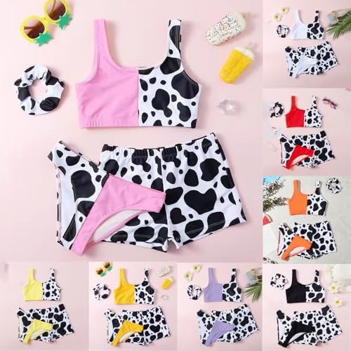 Girls Swimsuit Wide Strap High Waisted Bikini Sets with Shorts Cute Cow Printed 3 Piece Bathing Suit for 6-14 Years2
