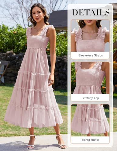Image of HEEKPEK Womens Summer Midi Dresses 2025 Flowy Tulle Sleeveless Smocked Square Neck Ruffle Tiered Sundress Wedding Guest Party