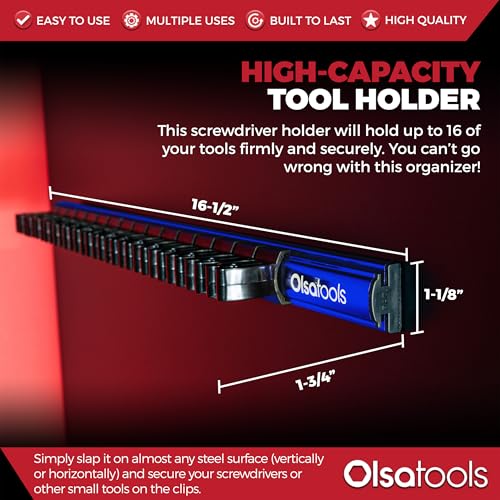 Image of Olsa Tools Magnetic Screwdriver Organizer - Screwdriver Holder with Strong Magnets and Foam Backing - Professional Tool Holder and Tool Organizer - Stores up to 16 Screwdrivers - Blue - Part: 1114