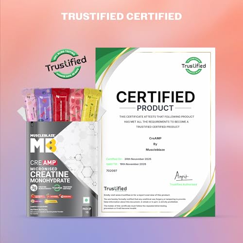 Image of MuscleBlaze Micronised Creatine Monohydrate CreAMP Powder Assorted Flavours (15 Sachets, 4g Each) - Citrus Blast, Watermelon Kool Aid, Juicy Berries, Candy Rush & Lychee Swirl | Travel Pack | Trustified Certified Creatine