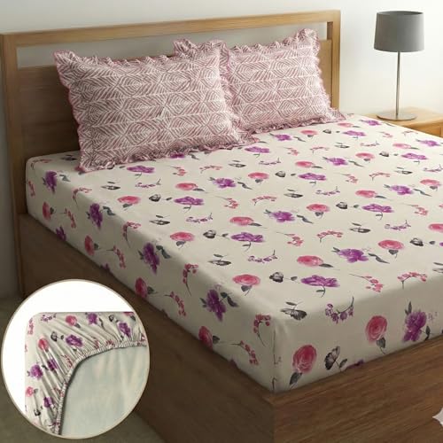 Image of Home Sizzler Microfibre Floral Print Double Fitted Bedsheet, 72x78 inch, Cream & Pink with 2 Ruffled Edge Pillow Covers