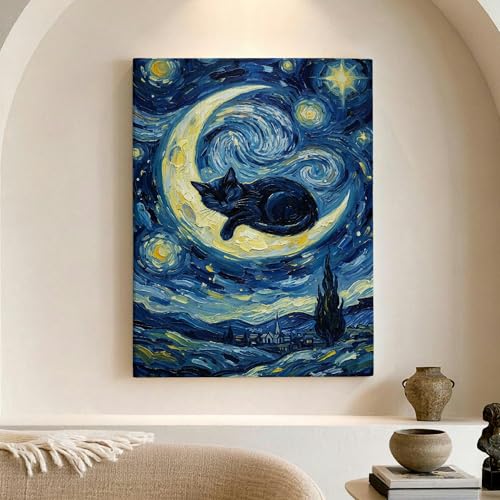 Toile murale chat lune bleue decoration salon moderne tableau abstrait 30x40cm