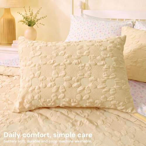 Image of Queen Comforter Set for Girls - 7 Pieces Yellow Dasiy Bed in a Bag | Jacquard Floral Queen Bedding Sets, Soft Lightweight Cute Comforter with Printed Sheets, Pillowcases & Shams for All Seasons