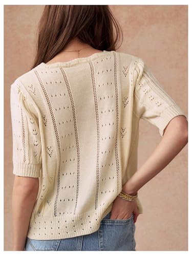 Verdusa Women's Pearl Beaded Button Front Sweater Short Sleeve V Neck Lightweight Knitwear2
