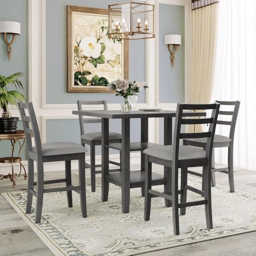 lafengyan Modern Wooden Dining Set with Upholstered Chairs and Built-in Storage Shelving for Compact Living Spaces (Gray + Solid Wood)