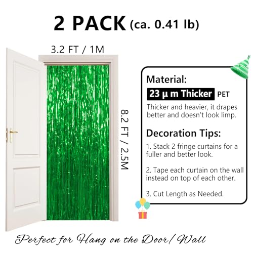 Image of Thicken Green Streamers 2 Pack 3.2 x 8.2 FT, Tinsel Backdrop Curtains, Foil Fringe Photo Backdrop for Dinosaur Birthday, Football, Jungle, Christmas, Golf Party Decorations