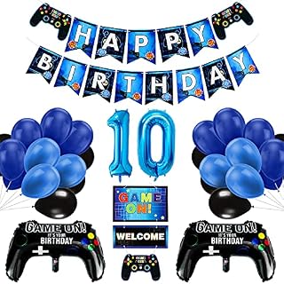 Vubkkty 10th Birthday Decorations for Boys, Gaming Party Decorations Supplies Set, Controller Balloons and Blue Black Balloons, HAPPY BIRTHDAY GAME ON WELCOME Hanging Banner for Boys