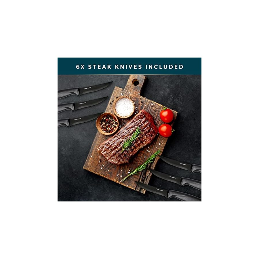 Home-Hero-17-pcs-Kitchen-Knife-Set-7-Stainless-Steel-Knives-6-Serrated-Steak-Knives-Scissors-Peeler-Knife-Sharpener-with-Acrylic-Stand-Black-Stainless-Steel Home Hero Kitchen Knife Set with Sharpener - High Carbon Stainless Steel Knife Block Set with Ergonomic Handles (20 Pcs - Black)